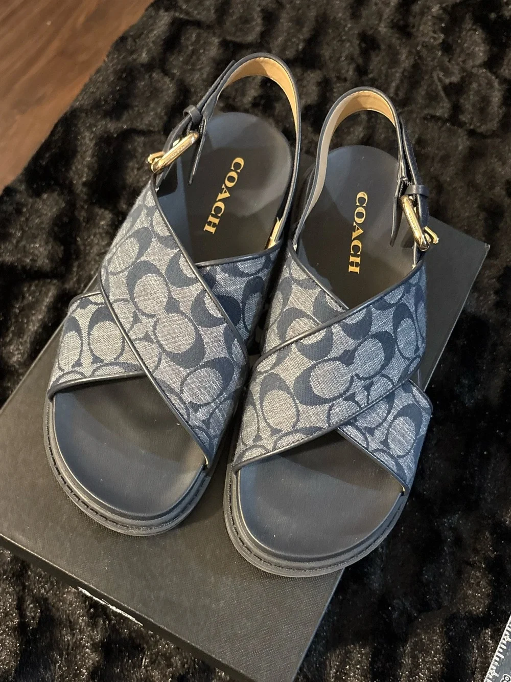 Coach Navy Signature Crisscross Slingback Sandals